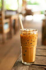 Iced cafe latte in glass 