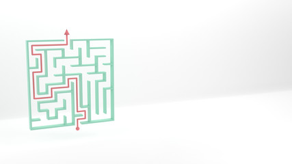 Labyrinth with solution. Maze and arrow with pastel Palette. 3D render with copy space