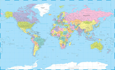 World Map Color Political - Vector Detailed Illustration - Layers