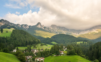 Fototapeta na wymiar View over St. Cypiran, San Cipriano, San Cipriano on the Rosengarten massif, Tiersertal valley, Province of Bolzano-Bozen, Italy