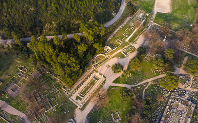 Aerial bird's eye view photo taken by drone of archaeological site of Ancient Olympia, Peloponnese,...