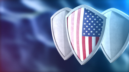 Protection shield and safeguard concept. Shiny steel armor painted as American national flag. Safety badge icon. Privacy banner. Security label and defense sign. Force and strong symbol.