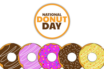 National Donut Day. Holiday concept. Template for background, banner, card, poster with text inscription. Vector EPS10 illustration.