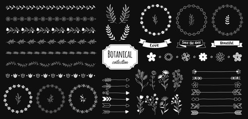 Rustic floral design elements. Hand drawn compositions with decorative flowers, herbs, leaves and branches. Vintage botanical illustrations.
