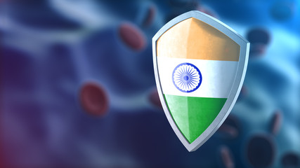 Protection shield and safeguard concept. Shiny steel armor painted as Indian national flag. Safety badge icon. Privacy banner. Security label and  Defense sign. Force and strong symbol. 3D rendering