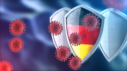 Protection shield and safeguard concept. Shiny steel armor painted as German national flag. Safety badge icon. Privacy banner. Security label and defense sign. Force and strong symbol. 3D rendering