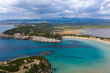 Fototapeta na wymiar Panoramic aerial view of voidokilia beach, one of the best beaches in mediterranean Europe, beautiful lagoon of Voidokilia from a high point of view, Messinia, Greece
