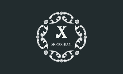 Vintage flower monogram with the letter X. Exquisite three-dimensional logo. Luxury frame for business sign, label, boutique brand, hotel, restaurant, heraldry.