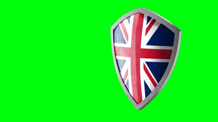 Protection shield and safeguard concept. Shiny steel armor painted as United Kingdom national flag. Safety badge icon. Privacy banner. Security label and defense sign. Force and strong symbol.