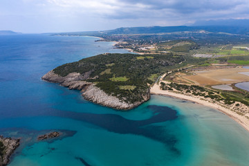 Obraz premium Panoramic aerial view of voidokilia beach, one of the best beaches in mediterranean Europe, beautiful lagoon of Voidokilia