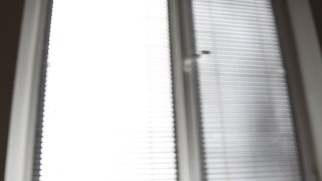 Silhouette of a male hand with a victory sign, on a window background.