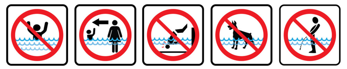 Swimming pool rules. Set of icons and symbol for pool. No Diving sign, No pets sign, No peeing in pool icon, Don't swim alone icon.