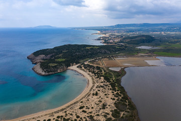 Panoramic aerial view of voidokilia beach, one of the best beaches in mediterranean Europe, beautiful lagoon of Voidokilia from a high point of view, Messinia, Greece