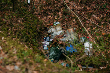 Rubbish in the forest. Environment pollution. Plastic bottles in the forest.