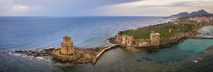 Wide panorama of Methoni at sunset in Peloponnese, Messenia, Greece