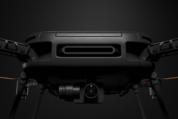 3d close-up rendering of front part of black drone with camera on dark gray gradient background.