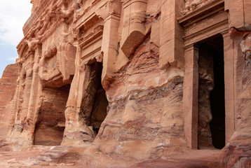 Palace Tomb entrance sculpted into sandstone facade, Royal Tombs, Petra, Jordan