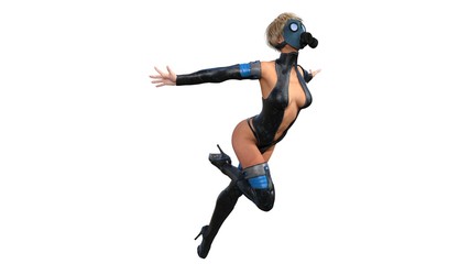 Fototapeta na wymiar One girl in a futuristic light blue-black suit. She poses pretending she is flying. White background