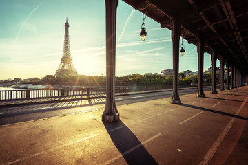 Eiffel Tower from Bir-Hakeim metal bridge in the morning, Paris, France