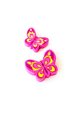 Wooden figure for children to play with. The butterfly shape. Butterfly made of pink wood