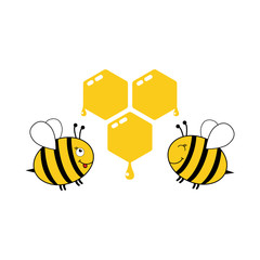 Cute bees with honeycomb vector illustration isolated on white
