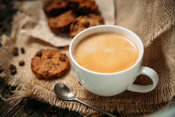 Side view coffee on the wooden table