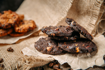 Fototapeta na wymiar brownie cookies on wooden table. Country style