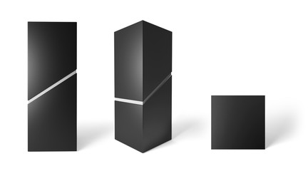 Black tall box with a diagonal slot in different angles. 3D render. Mockup.