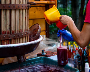 Sweet drink made from grape juice. Fresh cold pressed grape juice made during food festival.