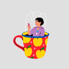 Cute girl sitting in the colorful giant Cup and holding a smartphone. Funny character. Hand drawn colored trendy Vector illustration. Isolated on grey background