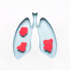 World Tuberculosis Day or World Lung Day concept. Blue Hole lungs with red rounded spots of disease. Minimal Paper Art