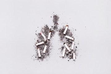 May 31 World No Tobacco Day. Stop smoking concept. Burnt lungs made of ash and smoked cigarettes