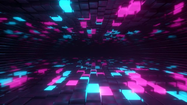 Abstract seamless looped animation of flying in endless space of neon and metal cubes. Modern blue purple color spectrum of light. Glass metal walls. VJ loop.