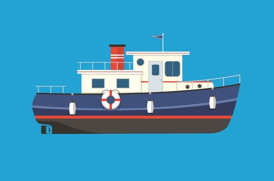 Vintage tugboat flat vector illustration. Motor boat for sailing, fishing, trawling, cruising.