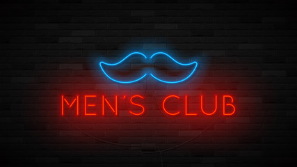 Fototapety  Neon men's club label template. Bright symbol with neon moustache. Striptease club concept icon isolated on dark brick wall. Vector illustration.