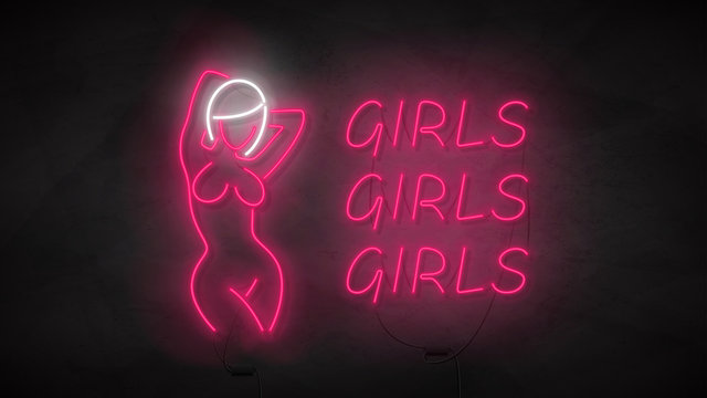 Striptease Club Neon Symbol. Neon Silhouette Of Naked Girl. Bright Label With Woman Body. Strip Bar Concept Icon Isolated On Dark Concrete Wall. Vector Illustration. Adult Show.