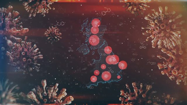 Motion graphics map of Great Britain with the localization and spread of the epidemic across the country. Suitable for mapping outbreaks of diseases, epidemics, the spread of crisis and emergency.