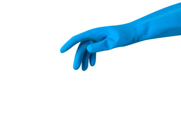 cropped hand of person in rubber glove reaching against white background with copy space