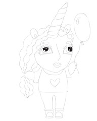 Little girl coloring book or page isolated on white background