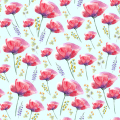 Meadow flowers, wild herbs, leaves, red poppies. summer time. Seamless floral watercolor