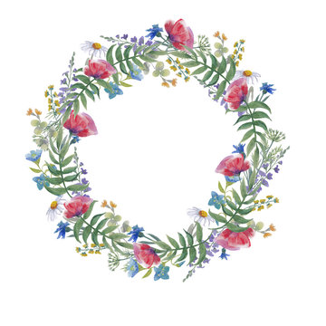 Flower wreath. Grass and meadow flowers. Watercolor round frame.
Ideal for creating cards and wedding invitations
