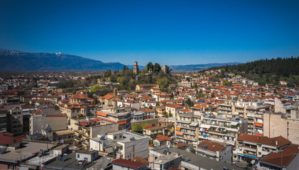 Fototapeta premium Panoramic view of Trikala city. Its a city in northwestern Thessaly, Greece, and the capital of the Trikala region.