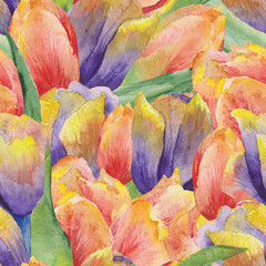 Meadow flowers, colorful watercolor tulips, leaves. Seamless pattern. Flower watercolor