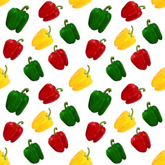 Red, yellow, green bell pepper. Vegetable seamless pattern on white background. Vegetarian pattern, Natural background for textiles, wrapping paper and designs
