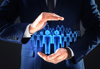 Man demonstrating virtual structure of organization, closeup. Business corporation