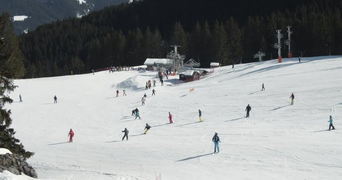 Group of People on a Low Slope Skiing in the Alps