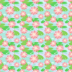 Pink water lily in marsh. Floral seamless pattern. Flat design. Botanical illustration.