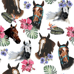 Hand drawn illustration. Digital watercolor painting. Cute cartoon. Seamless pattern. Horses head. Exotic flower. White background. For textile, other texture. © AnnaAngelPrincess
