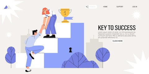 Collegues or business partners climb steps leading to success in business. Concept of career or corporate ladder, startup success, leadership, teamwork or teambulding for web banner or page, ui.