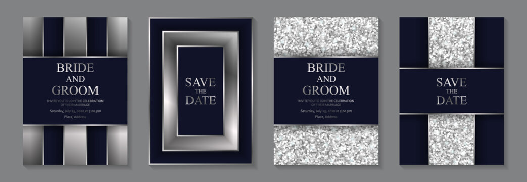 Set of modern geometric luxury wedding invitation design or card templates for business or presentation or greeting with silver glitter stripes on a navy blue background.